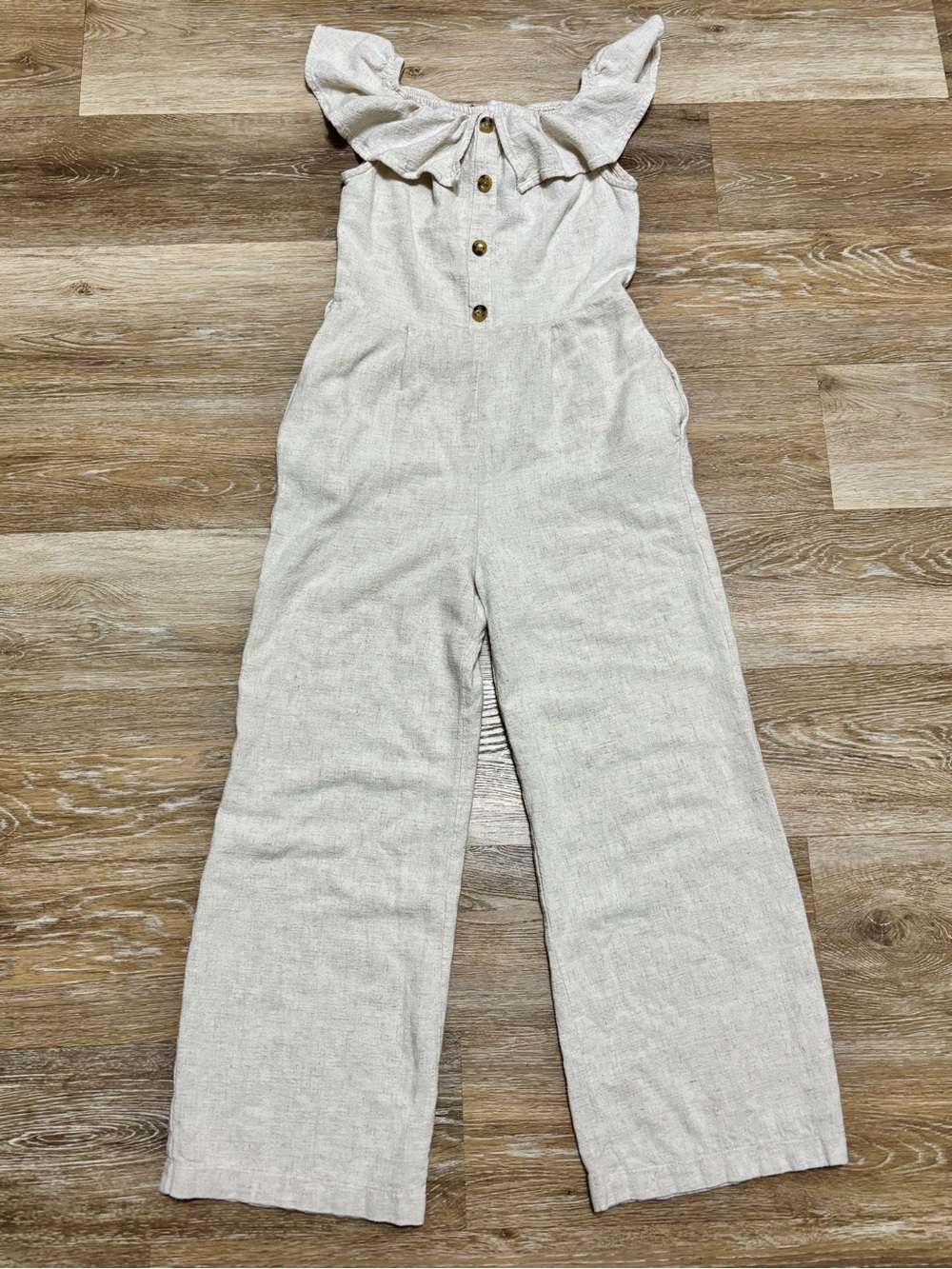 Monteau Cream Ruffle Off-Shoulder Jumpsuit with Button Front
